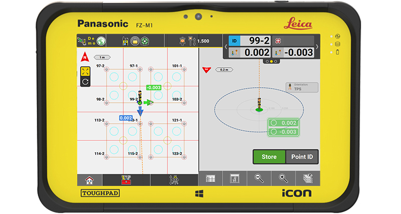 Split view of Leica iCON Build software with views of the digital design data and a design point being setout within tolerance using a Leica iCON construction total station